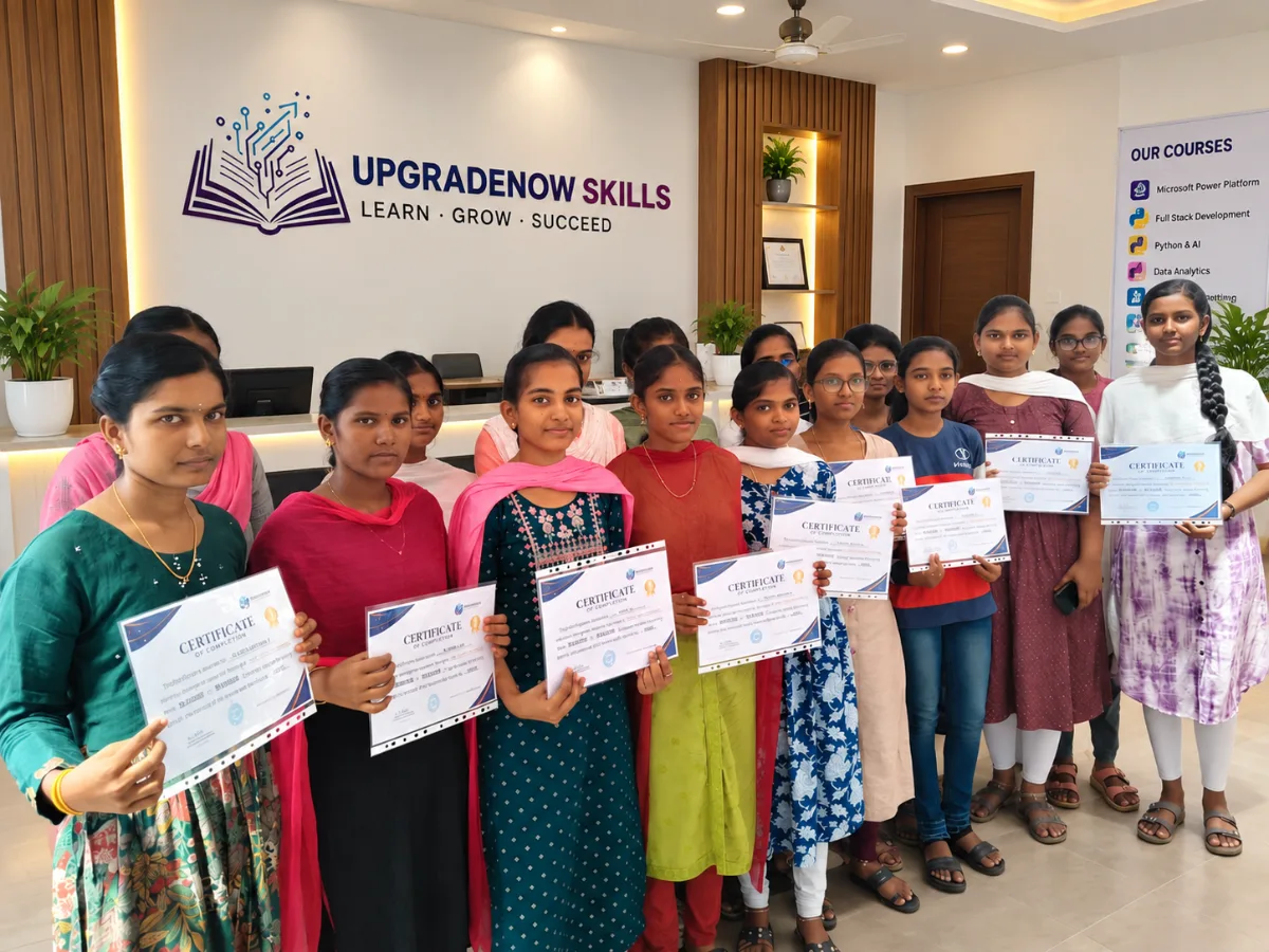 Students receiving course completion certificates at UpgradeNow Skills software training centre, Kovilpatti